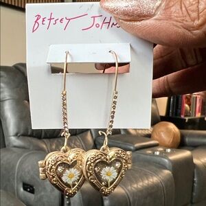 Betsey Johnson Gold Heart Earrings with Daisy Accent